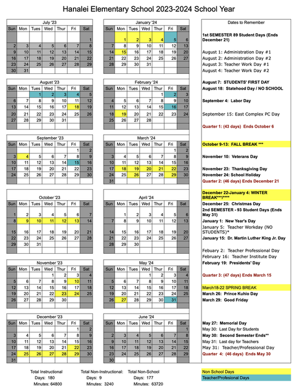 2023-24 Hanalei School Calendar Picture Link
