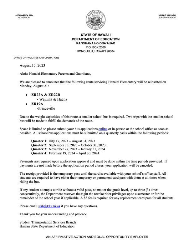 Hanalei Bus Route Reinstatement parent letter picture link