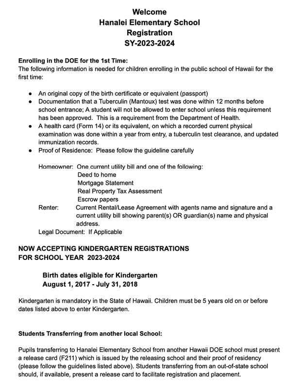 Hanalei School Registration Requirements Document Picture Link