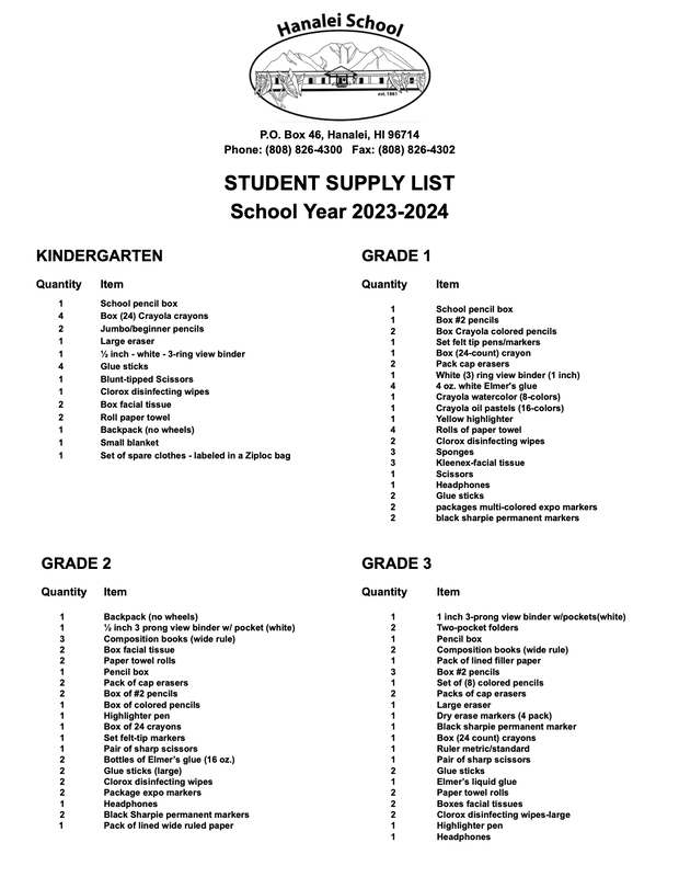 Hanalei School Supply List 2023-24 Page 1 Picture Link 