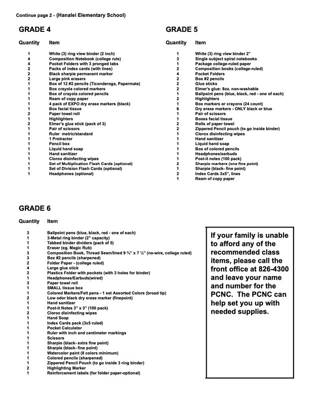 Hanalei School Supply List 2023-24 Page 2 Picture Link 